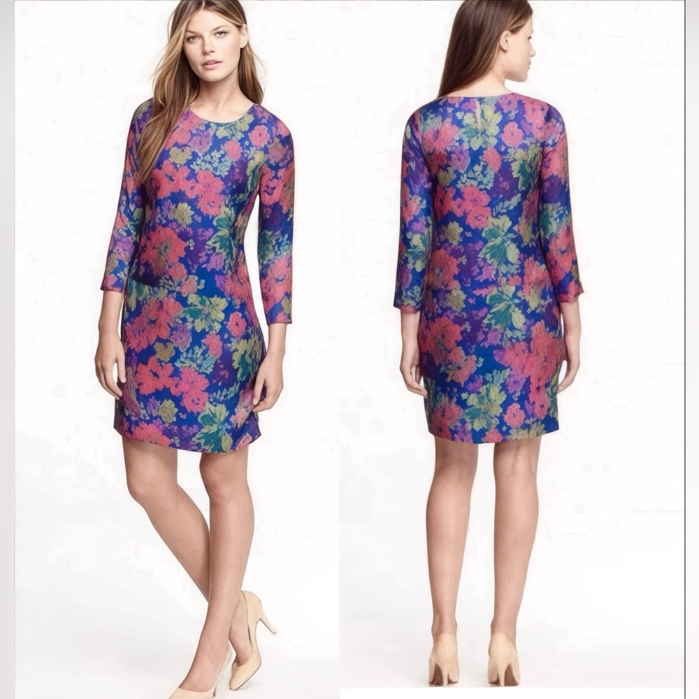 J.Crew Silk Ashbury Floral Shift Dress Small Multicolor 3/4 Sleeve Pocket Chic